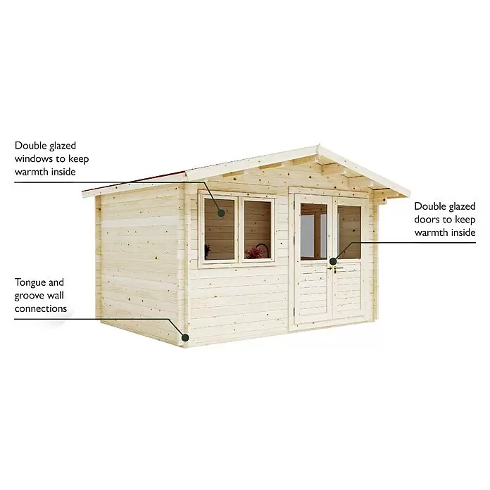 Upyard Gartenhaus Merselan - Außenmaß inkl. Dachüberstand (B x T): 353 x 348 cm, Holz, Natur - Heller Holzschuppen mit doppelverglasten Fenstern und Türen, ausgestattet mit Nut- und Federwänden für Wärme und Stabilität.