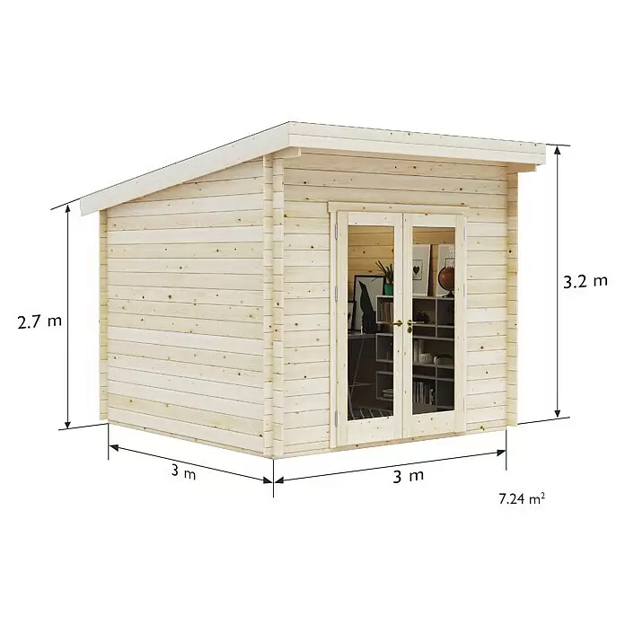 Upyard Gartenhaus Airen - Außenmaß inkl. Dachüberstand (B x T): 304 x 348 cm, Holz, Natur - Heller Holz-Gartenschuppen mit Pultdach und doppelten Glastüren, Maße werden angezeigt.