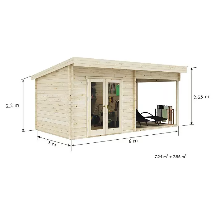 Upyard Gartenhaus Grenache - Außenmaß inkl. Dachüberstand (B x T): 605 x 348 cm, Holz - Helles Holzgartenhaus mit Stauraum und integrierter offener Terrasse, mit Maßen.