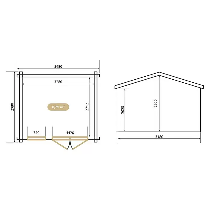 Upyard Gartenhaus Syrah - Außenmaß inkl. Dachüberstand (B x T): 356 x 358 cm, Holz, Natur - Skizze