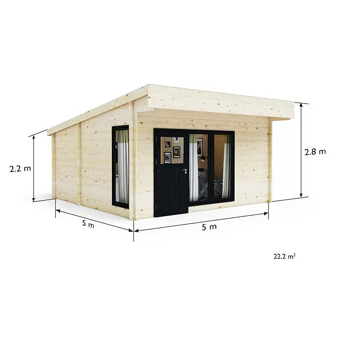Upyard Gartenhaus Chardonna - Außenmaß inkl. Dachüberstand (B x T): 504 x 591 cm, Holz, Natur - Helle Holzhütte mit schwarzer Tür und Fenstern, zeigt Maße: 5m Breite, 5m Tiefe, 2,2m/2,8m Höhe, 22,2m² Fläche.