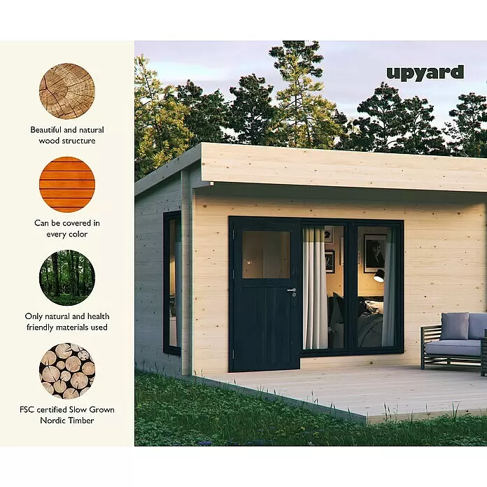 Upyard Gartenhaus Chardonna - Außenmaß inkl. Dachüberstand (B x T): 504 x 591 cm, Holz, Natur - Moderne Gartenhütte aus hellem nordischen Holz mit dunklen Türen/Fenstern und Terrasse, in natürlicher Umgebung.