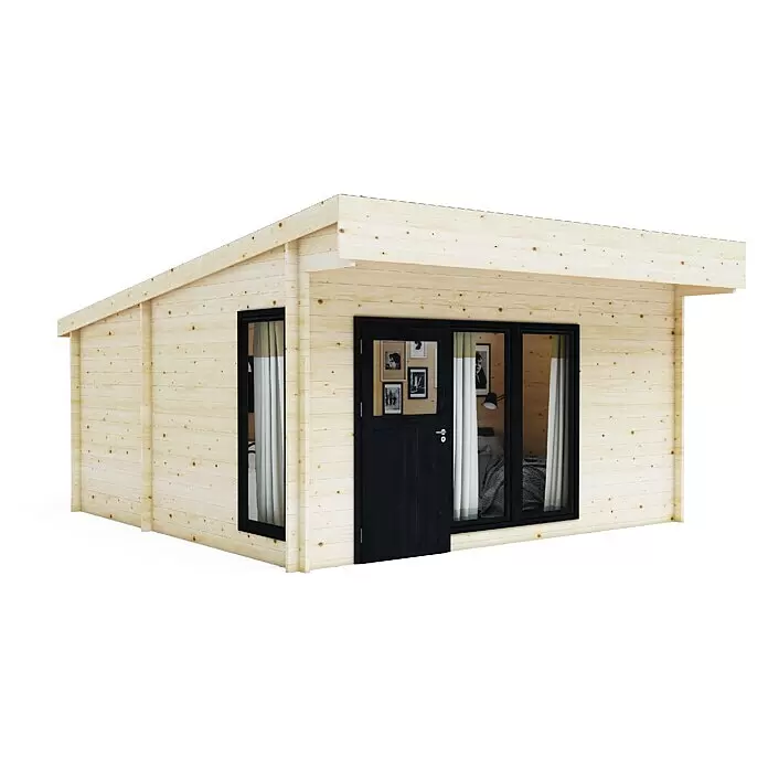 Upyard Gartenhaus Chardonna - Außenmaß inkl. Dachüberstand (B x T): 504 x 591 cm, Holz, Natur - Modernes Gartenhaus aus hellem Holz mit Pultdach, schwarz gerahmter Tür und großen Fenstern, die ein gemütliches Interieur zeigen.