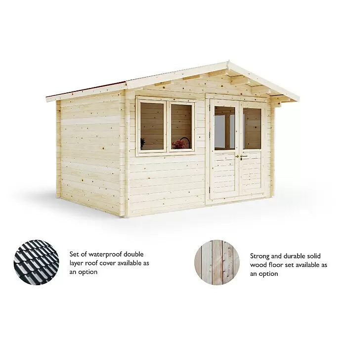 Upyard Gartenhaus Merselan - Außenmaß inkl. Dachüberstand (B x T): 353 x 348 cm, Holz, Natur - Helles Gartenhaus aus Holz mit Doppeltür und zwei Fenstern.