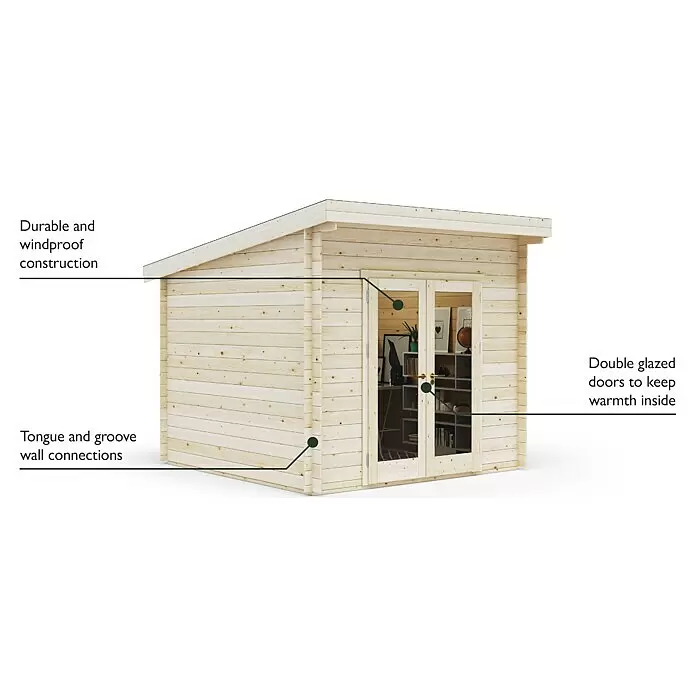 Upyard Gartenhaus Airen - Außenmaß inkl. Dachüberstand (B x T): 304 x 348 cm, Holz, Natur - Helles Gartenhaus aus Holz mit doppelt verglasten Türen und Nut-Feder-Wänden für Haltbarkeit und Wärme.