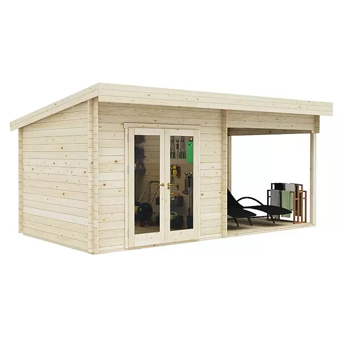 Upyard Gartenhaus Grenache - Außenmaß inkl. Dachüberstand (B x T): 605 x 348 cm, Holz - Gartenschuppen aus hellem Holz mit Doppeltüren für Werkzeuge und integriertem Anbau mit Liegestuhl und Handtuchhalter.