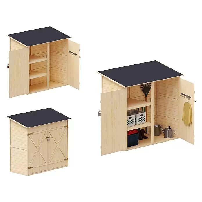 Upyard Geräteschrank Classic Line - 150 x 80 cm, Holz, Natur - Holz-Gartenschrank mit schwarzem Dach, ausgestattet mit Regalen und abschließbarer Tür.
