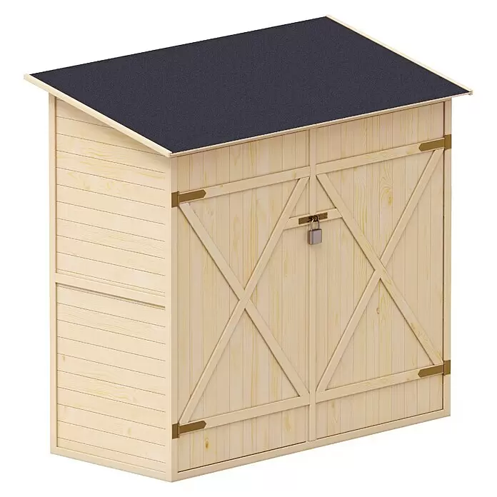 Upyard Geräteschrank Classic Line - 150 x 80 cm, Holz, Natur - Holzgeräteschuppen aus hellem Holz mit dunklem Dach und Vorhängeschloss an Doppeltüren.