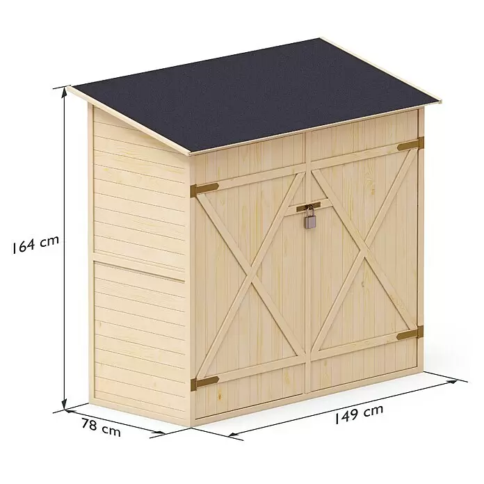 Upyard Geräteschrank Classic Line - 150 x 80 cm, Holz, Natur - Geräteschuppen aus hellem Holz mit schwarzem Dach, Doppeltüren und Vorhängeschloss. Maße: 164x149x78 cm.
