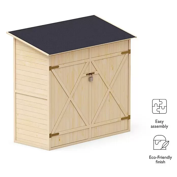 Upyard Geräteschrank Classic Line - 150 x 80 cm, Holz, Natur - Heller Holzschuppen mit dunklem Dach, Vorhängeschloss und Symbolen für einfache Montage & umweltfreundliche Oberfläche.