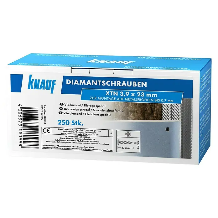 Knauf Diamantschraube XTN - Durchmesser: 3,9 mm, Länge: 23 mm, 250 Stk. - Eine Schachtel Knauf Diamantschrauben XTN 3,9 x 23 mm, ideal für die Montage auf Metallprofilen.
