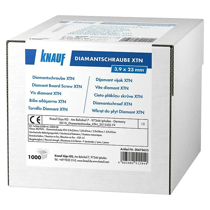Knauf Diamantschraube XTN - Durchmesser: 3,9 mm, Länge: 23 mm, 1.000 Stk. - Karton mit Knauf Diamantschrauben XTN, 3,9 x 23 mm, ideal für Befestigungen.
