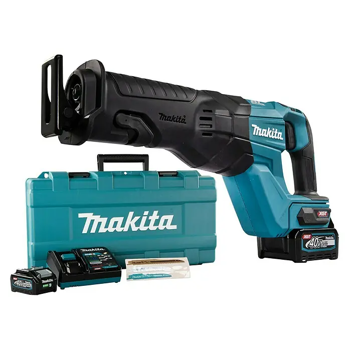 Makita XGT 40V max. Akku-Säbelsäge JR001GM201 - 40 V, 2 Akkus, 4 Ah, Leerlaufhubzahl: 0 /min - 3.000 /min - Das Makita Akku-Säbelsäge-Set mit Koffer, Akku und Ladegerät für vielseitige Sägearbeiten. Perfekt für Handwerker und Heimwerker.