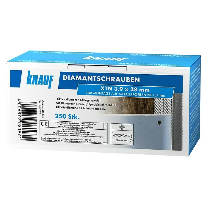 Knauf Diamantschraube XTN - Durchmesser: 3,9 mm, Länge: 38 mm, 250 Stk. - Produktverpackung: Knauf Diamantschrauben XTN 3,9 x 38 mm, zur Befestigung von Metallprofilen bis 0,7 mm.