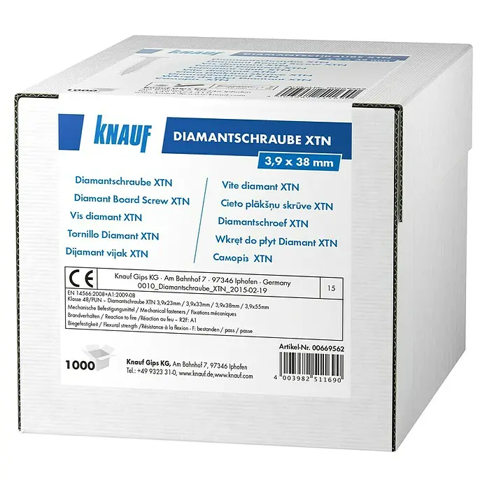 Knauf Diamantschraube XTN - Durchmesser: 3,9 mm, Länge: 38 mm, 1.000 Stk. - Knauf Diamantschraube XTN 3,9x38 mm: Die ideale Schraube für Gipskartonplatten. Robust und zuverlässig für den Innenausbau.
