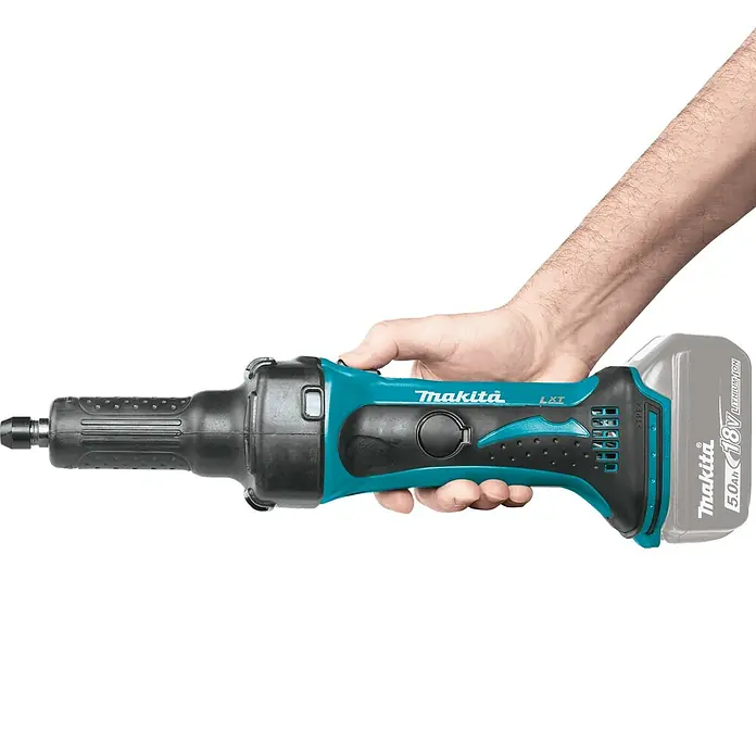 Makita LXT 18V Akku-Geradschleifer DGD800Z - 18 V, Ohne Akku, Leerlaufdrehzahl: 26.000 U/min - Aufnahme einer Makita LXT Akku-Geradschleifer, die von einer Hand gehalten wird. Das Werkzeug ist blaugrün und schwarz.