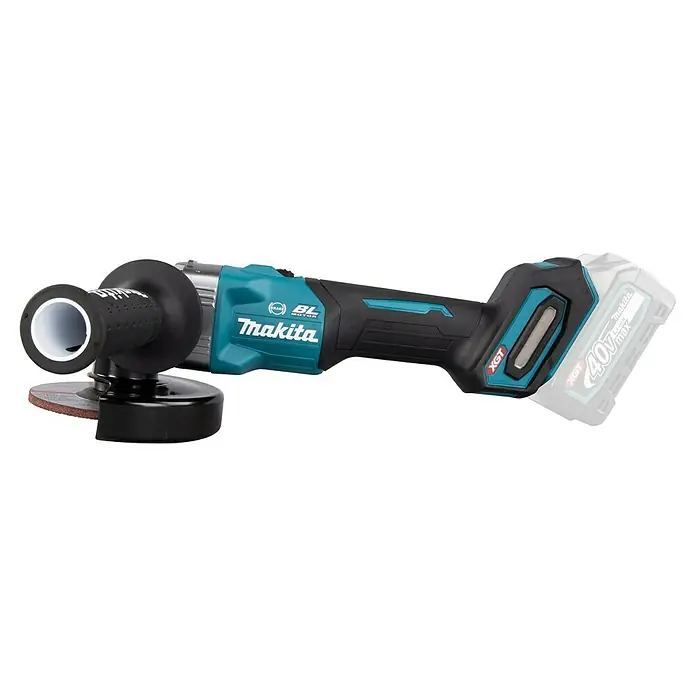 Makita XGT 40V max. Akku-Winkelschleifer GA005GZ - 40 V, Ohne Akku, Leerlaufdrehzahl: 8.500 U/min - Akkubetriebener Makita-Winkelschleifer mit blau-schwarzem Design und Schleifscheibe für leistungsstarke Schleifarbeiten.