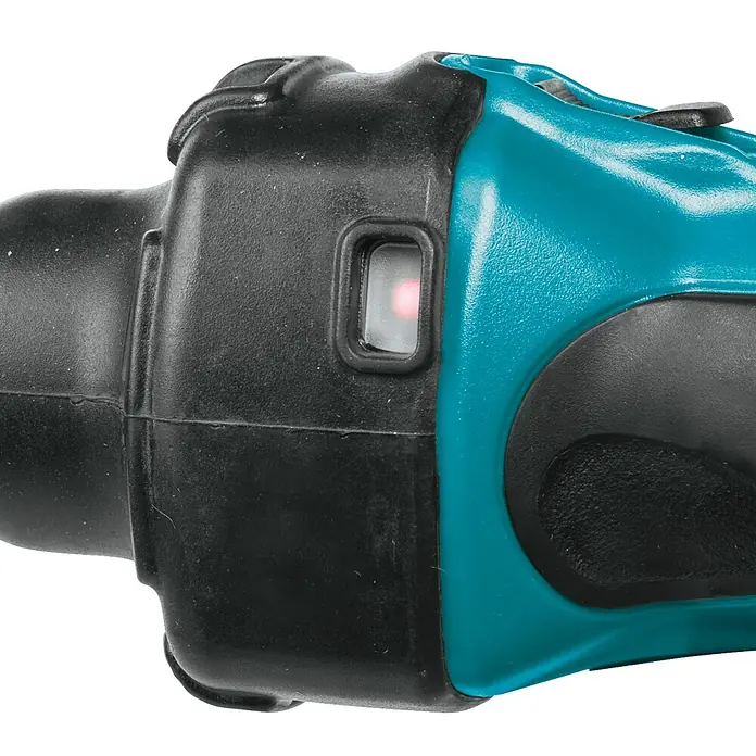 Makita LXT 18V Akku-Geradschleifer DGD800Z - 18 V, Ohne Akku, Leerlaufdrehzahl: 26.000 U/min - Detailaufnahme eines Makita-Werkzeugs mit roter Anzeige, das die Präzision und Qualität der Marke hervorhebt.
