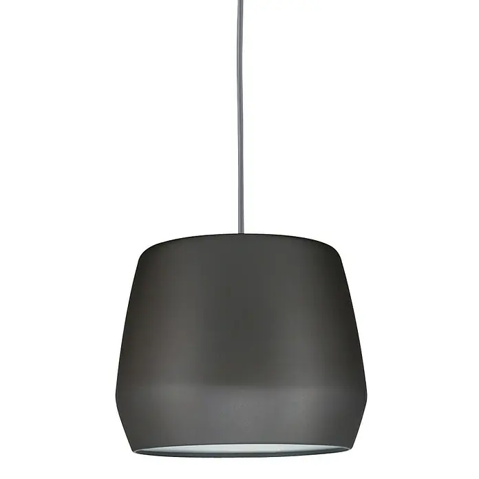 Paulmann URail 2Easy Lampenschirm Pirm - Durchmesser: 28 cm, Grau, Metall, Rund - Eine Nahaufnahme einer modernen, grauen Hängelampe, die an einer dünnen, grauen Schnur von der Decke hängt, mit weichem Licht von unten.