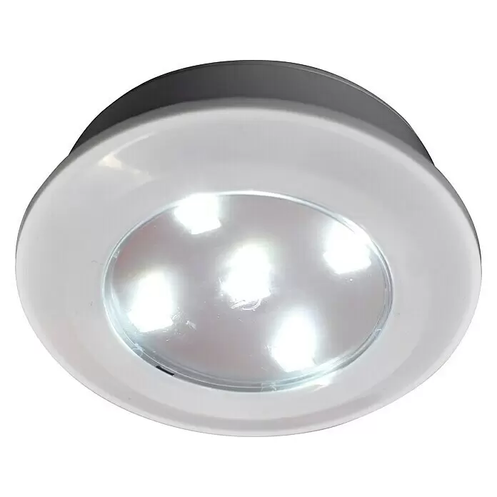 Voltomat Luz a pilas Smart-Push-Light - Blanco, 3 ud. - Luz LED de disco redonda blanca con cubierta transparente, tres LED brillantes y parte trasera gris.