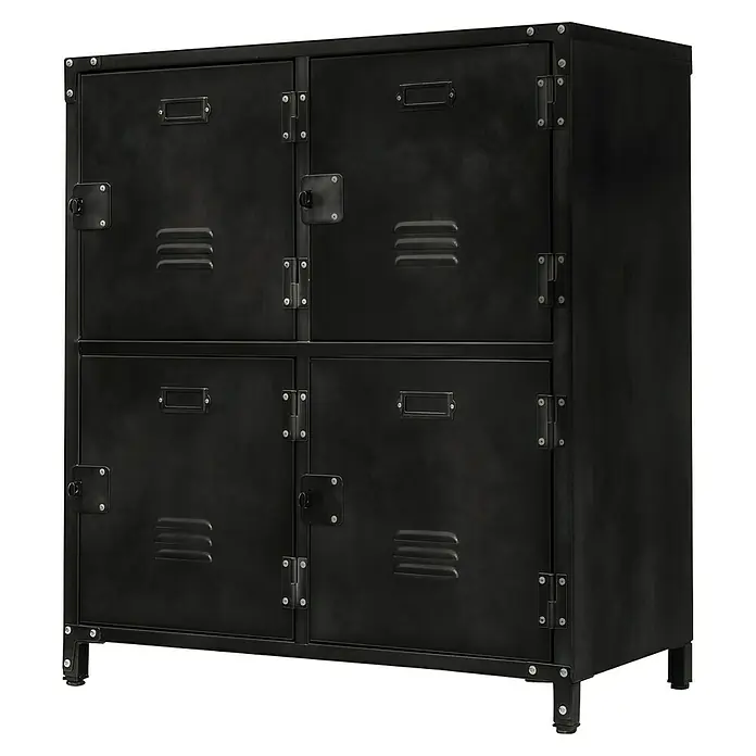 Armario multiusos metálico Vintage - 35 x 75 x 82,5 cm, Número de puertas: 4 ud., Número de compartimentos: 4 ud. - Armario negro con cuatro compartimentos de diseño industrial, ideal para la oficina o el hogar. Robusto y elegante.
