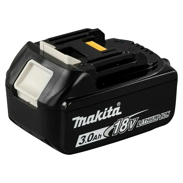 Makita LXT 18V Akku BL1830B - 18 V, 3 Ah - Nahaufnahme eines Makita 18V 3.0Ah Lithium-Ionen-Akkus, der für seine Leistung und Zuverlässigkeit bekannt ist.