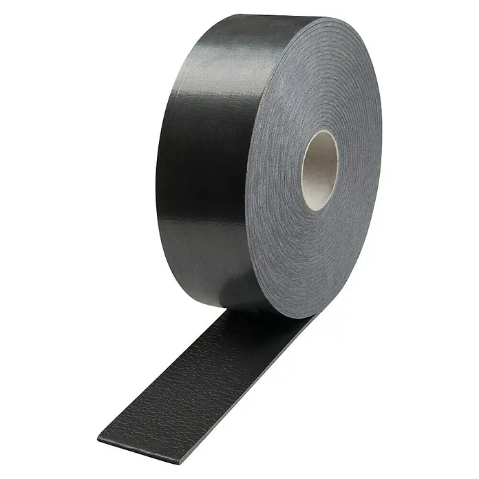 Knauf Dichtungsband - 10 m x 70 mm, Anthrazit - Nahaufnahme einer Rolle schwarzem Panzertape, das für Reparaturen und Abdichtungen verwendet wird und Vielseitigkeit verspricht.