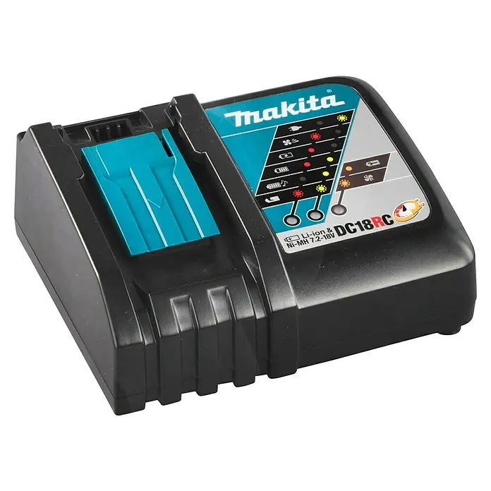 Makita LXT 18V Akku & Ladegerät Power Source Kit - 18 V, 2 Akkus, 6 Ah - Abbildung eines Makita DC18RC Akku-Ladegeräts, das zum Aufladen von Li-Ionen- und Ni-MH-Akkus mit 7,2-18V verwendet wird.