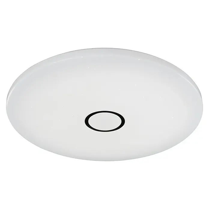 Tween Light LED-Deckenleuchte rund Skyler Flat Star - 22 W, Ø x H: 54 x 7 cm, Weiß, Silber, Mehrfarbig - Nahaufnahme einer modernen, weißen Deckenleuchte mit schwarzem Zierring, die ein elegantes und minimalistisches Design zeigt.