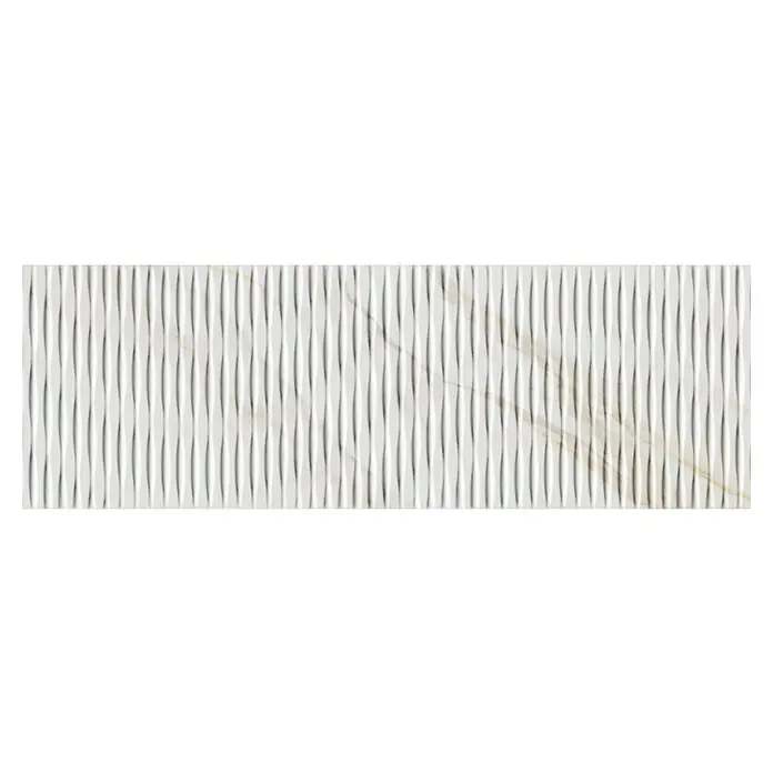Revestimiento de pared Calacatta Decor - 90 x 30 cm, Blanco, Brillante - Azulejo de pared blanco texturizado con relieve vertical y sutiles vetas de mármol para un diseño interior elegante y moderno.