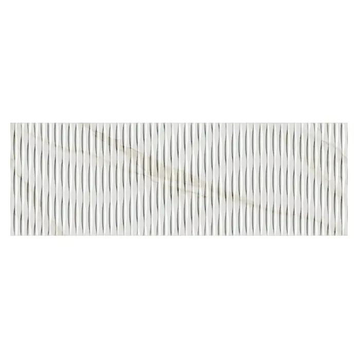 Revestimiento de pared Calacatta Decor - 90 x 30 cm, Blanco, Mate - Primer plano de una baldosa de pared blanca texturizada, que ofrece un diseño moderno y elegante para espacios interiores con su patrón 3D único.