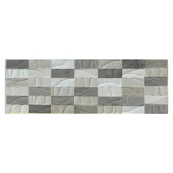 Revestimiento de pared Akane Mix - 30 x 90 cm, Gris/Blanco, Mate - Primer plano de un panel decorativo con azulejos en relieve claros y oscuros en un patrón rectangular, ideal para revestimiento de paredes.