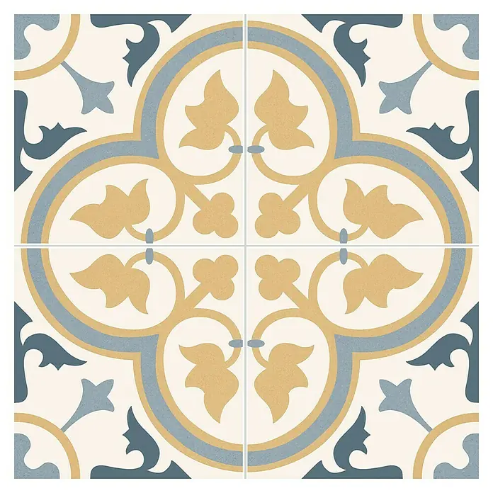 Pavimento porcelánico hidráulico Dover - 45 x 45 cm, Beige, Mate - Azulejo decorativo con diseño floral en tonos dorados y azules, dispuesto en un cuadrado. Ideal para la cocina o el baño, aportando un toque mediterráneo.