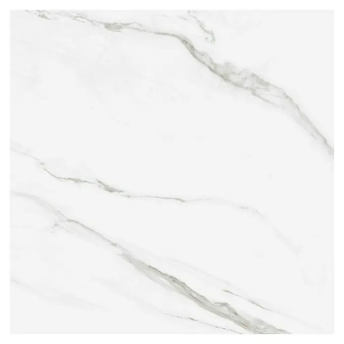 Pavimento cerámico Capri - 60 x 60 cm, Blanco, Brillante, Rectificado - Primer plano de una baldosa de mármol blanco Calacatta pulido con vetas grises, que muestra la elegante textura y el patrón de la piedra natural.