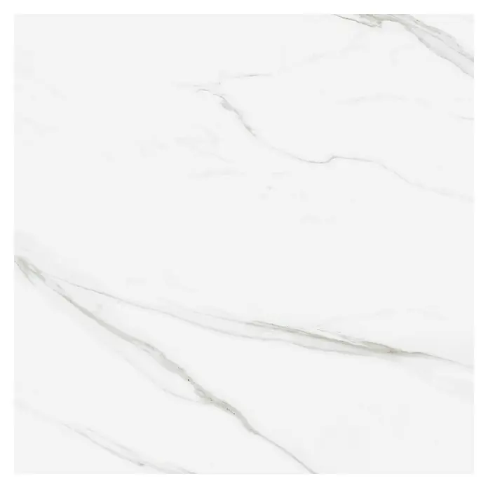 Pavimento cerámico Capri - 60 x 60 cm, Blanco, Brillante, Rectificado - Primer plano de una baldosa de mármol blanco con delicadas vetas grises, ideal para interiores modernos.