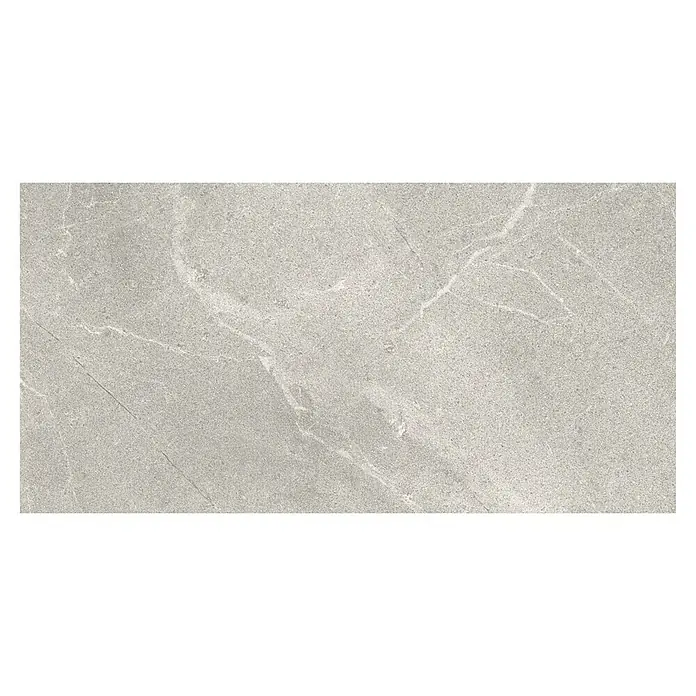 Revestimiento de pared Soul - 60 x 30 cm, Base, Mate, Rectificado - Primer plano de una baldosa cerámica gris con sutiles vetas de mármol, ideal para diseños de suelos y paredes contemporáneos. Superficie mate y texturizada.