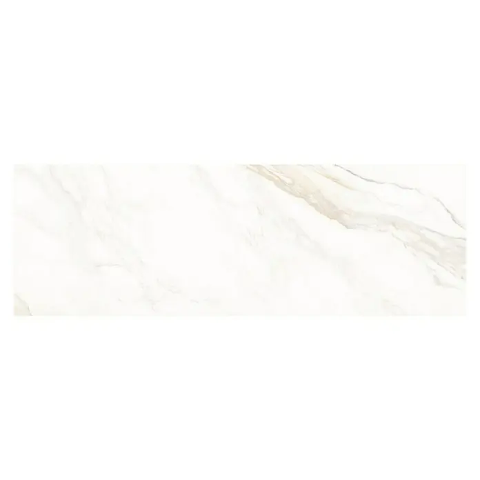 Revestimiento de pared Calacatta Gold - 30 x 90 cm, Blanco, Mate - Imagen de una baldosa cerámica con un diseño de mármol blanco con sutiles detalles grises y dorados. La baldosa es ideal para interiores modernos.