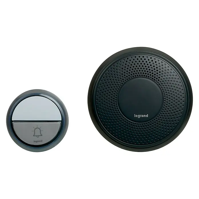 Legrand Juego de timbre inalámbrico Confort - Alcance: 100 m, 80 dB, Funciona con pilas, IP44, Negro - Juego de timbre Legrand con botón redondo y altavoz. Diseño inalámbrico para una fácil instalación.