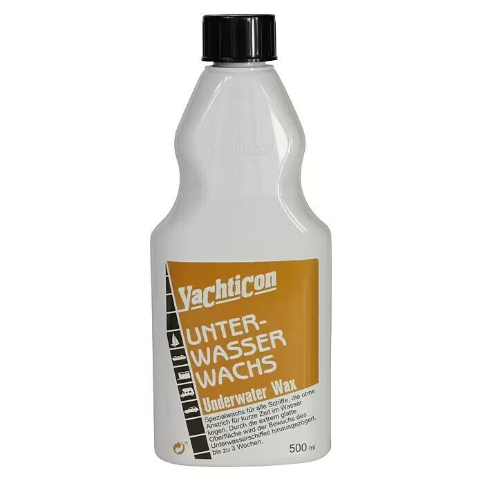 Yachticon Bootswachs Unterwasser Wachs - 500 ml - Weiße Kunststoffflasche Yachticon Unterwasserwachs mit schwarzem Deckel und orangefarbenem Etikett.