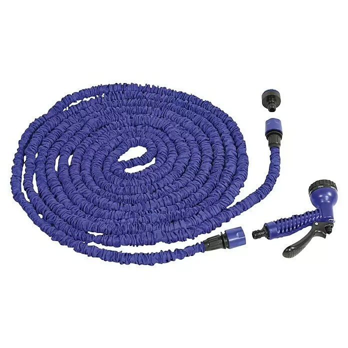 Yachticon Schlauch Flex - Länge: 22,5 m - Aufgerollter blauer dehnbarer Gartenschlauch mit Sprühdüse und Anschlussstücken.