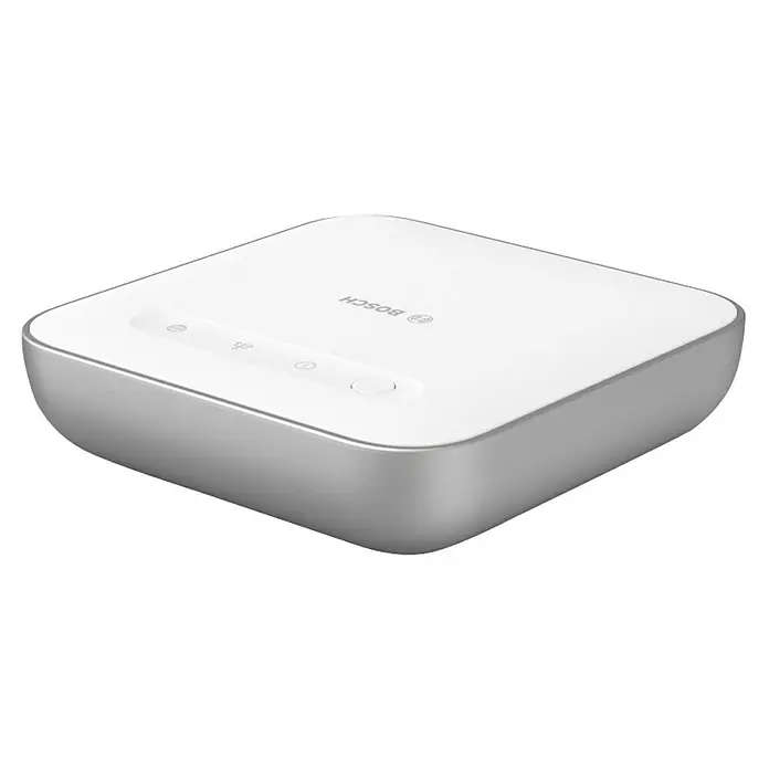 Bosch Smart Home Controller II - ZigBee 3.0, Weiß/Silber - Das Bild zeigt einen quadratischen Bosch Smart Home Controller in Weiß und Silber, der moderne Technologie und minimalistisches Design vereint.
