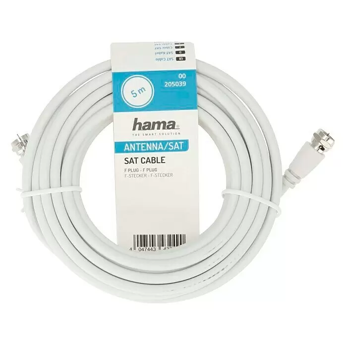 Hama Koaxialkabel F-Stecker - 5 m, Weiß, Schirmungsmaß: 75 dB - Weißes Hama 5m SAT-Kabel mit F-Steckern für Antennen-/Satellitenanschluss.