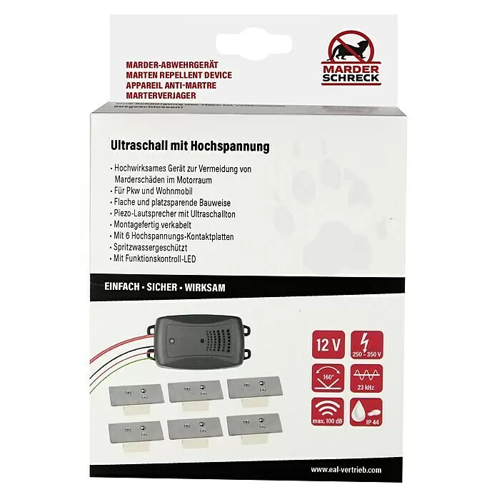 Marder Schreck Marderstop Kfz Hochspannung - Schalldruckpegel: 95 dB - Marder-Abwehrgerät mit Ultraschall-Modul aus Kunststoff und 6 Metall-Hochspannungsplatten.