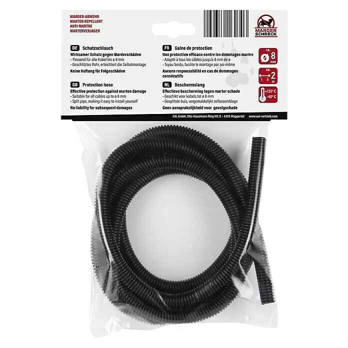 LAS Marderstop Kfz - Marderschutz, Ø x L: 8 mm x 2 m - Schwarzer gewellter, geschlitzter Schutzschlauch, in Verpackung aufgerollt, schützt Kabel vor Marderschäden.
