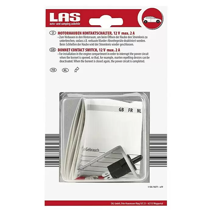 LAS Marderstop Kfz - B x H: 4 x 5,8 cm, 12 V - Schwarzer Motorhaubenkontaktschalter in Verpackung zur Unterbrechung des Stromkreises bei geöffneter Haube.
