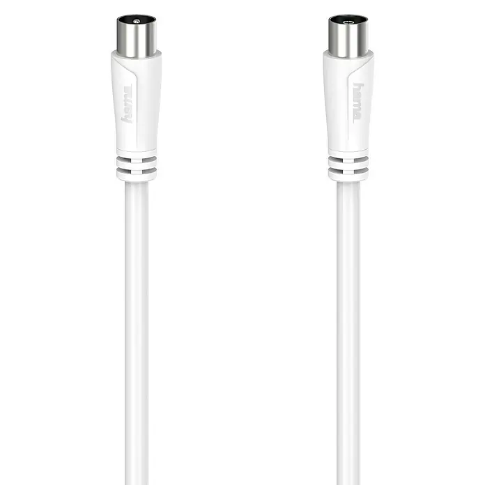 Hama Antennen-Anschlusskabel7,5 m, Weiß, 90 dB, Koax-Stecker, Koax-Kupplung - Abbildung von zwei weißen Hama-Antennenkabeln mit Koaxialsteckern für den Anschluss von Fernsehgeräten oder Receivern.