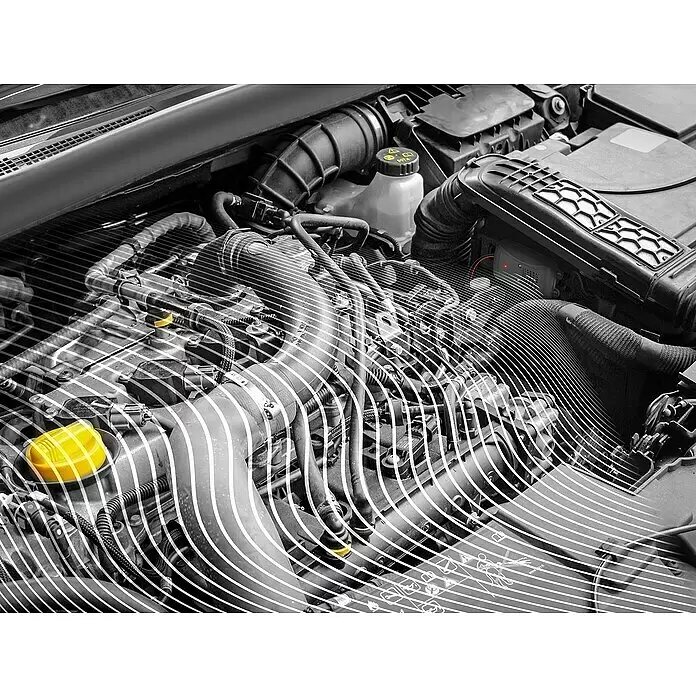 Marder Schreck Marderstop Kfz mit Blitz-LEDs - Schalldruckpegel: 95 dB - Automotor mit smartem Diagnosegerät, das ein rotes Licht anzeigt und wichtige gelbe Wartungspunkte hervorhebt.