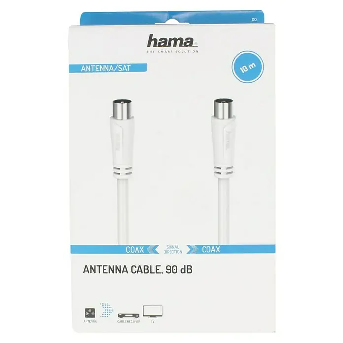 Hama Cable de conexión de antena - 10 m, Blanco, 90 dB, Clavija coaxial, acoplador coaxial - Embalaje del producto del cable de antena Hama con 90 dB, adecuado para aplicaciones de antena/SAT y 10 metros de largo para Smart Solutions.
