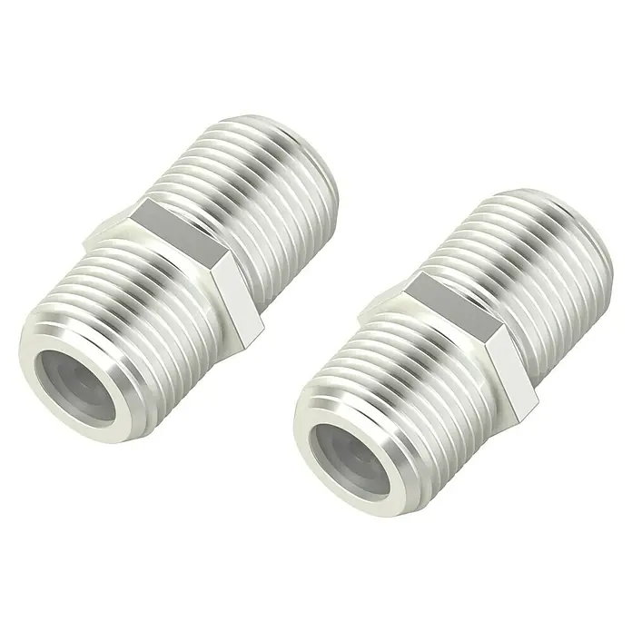 Hama SAT-Adapter - F-Kupplung, 2 Stk. - Nahaufnahme von zwei silbernen F-Stecker-Verbindern, die für Koaxialkabel verwendet werden, mit gut sichtbaren Gewinden und sechseckiger Mutter.