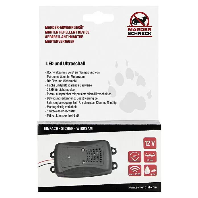 Marder Schreck Marderstop Kfz mit Blitz-LEDs - Schalldruckpegel: 95 dB - Schwarzes rechteckiges elektronisches Marderabwehrgerät mit sichtbaren Lautsprechern und Kabeln für Fahrzeuge, nutzt LED und Ultraschall.